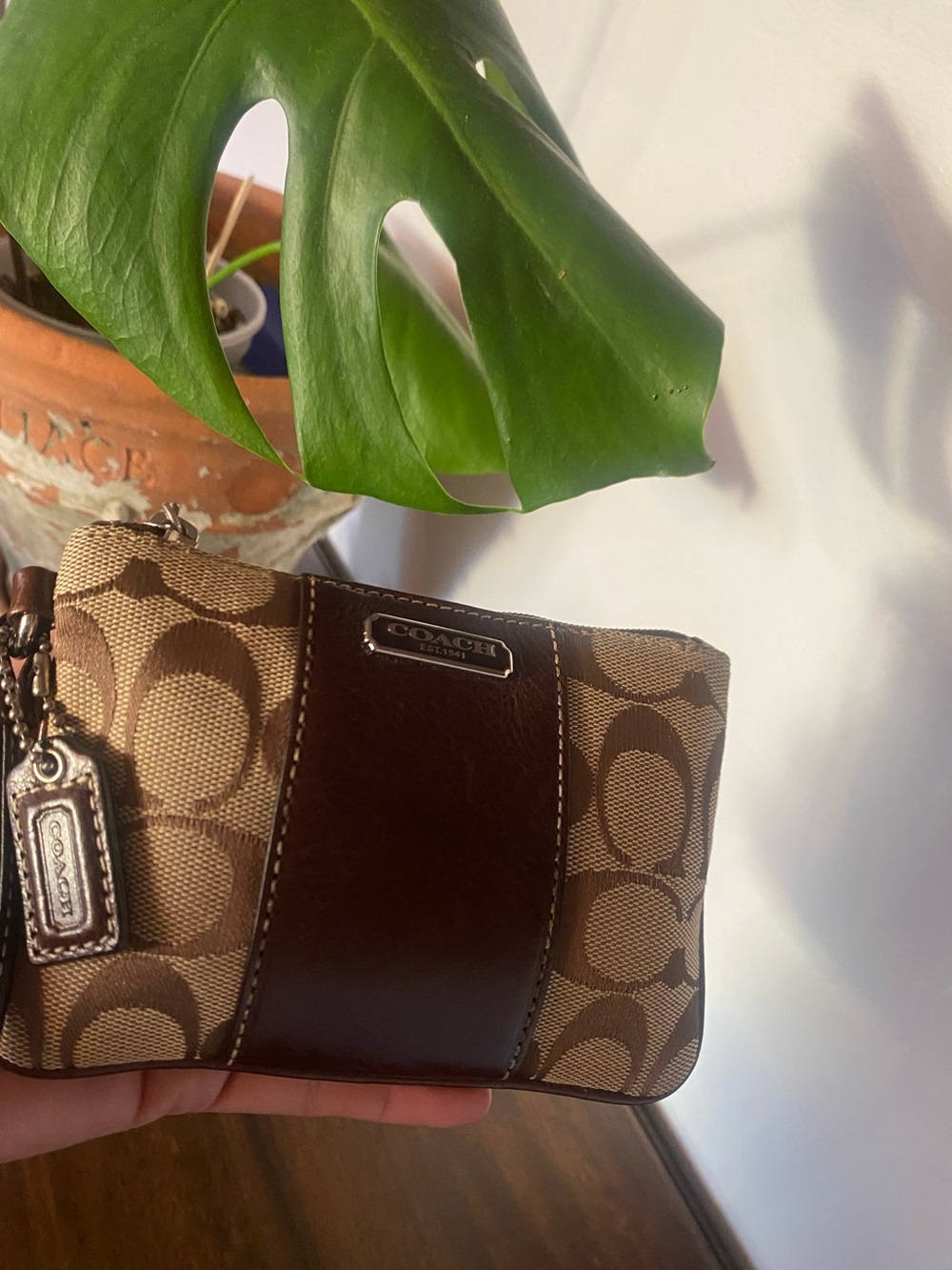 Coach Brown Signature Canvas Wristlet with Dark Brown Leather Trim